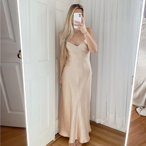 Zara Dresses & Skirts - NWT ZARA champagne satin finish pink Elegant open back maxi Slip Dress